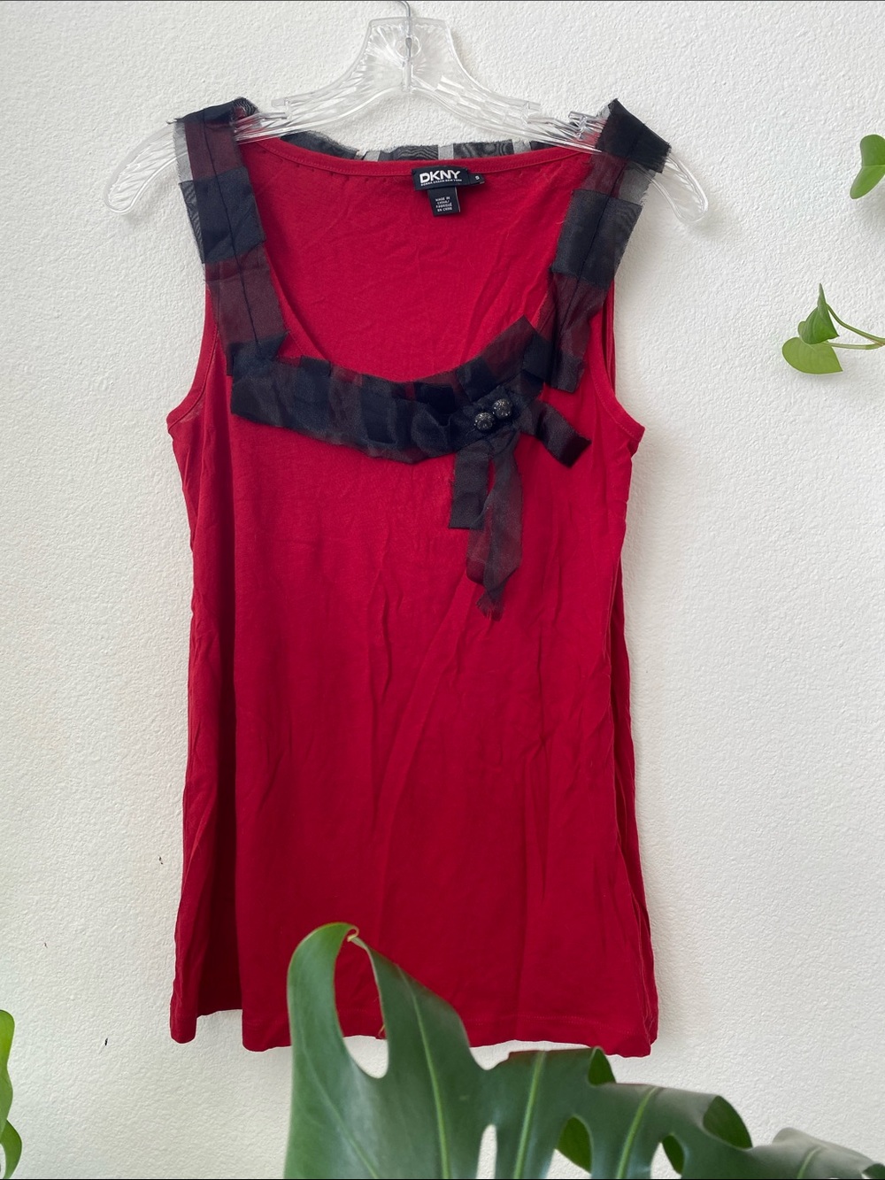 DKNY Red Tank with Black Ribbon & Bow Accent